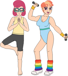 Size: 468x523 | Tagged: safe, artist:wolf, posey shy, windy whistles, human, aerobics, barefoot, breasts, clothes, dumbbell (object), feet, freckles, glasses, humanized, leg warmers, leotard, muscles, pants, shoes, smiling, sneakers, tanktop, workout, workout outfit, yoga, yoga pants