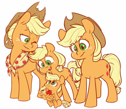 Size: 3659x3172 | Tagged: safe, artist:chub-wub, part of a set, applejack, earth pony, pony, the last problem, :t, age progression, apple, baby, baby pony, babyjack, cowboy hat, cute, female, filly, filly applejack, foal, food, granny smith's scarf, hat, high res, holding a pony, jackabetes, jackletree, looking down, looking up, mare, multeity, nom, older, older applejack, one eye closed, self ponidox, simple background, sitting, solo, teenage applejack, teenager, time paradox, underhoof, white background, wink, younger