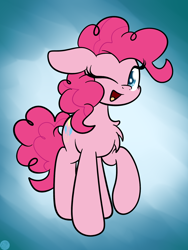 Size: 1536x2048 | Tagged: safe, artist:kimjoman, pinkie pie, earth pony, pony, blue background, chest fluff, cute, diapinkes, female, looking at you, mare, one eye closed, open mouth, raised hoof, simple background, solo, wink