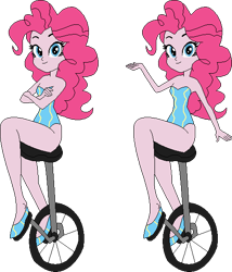 Size: 488x569 | Tagged: safe, artist:erichgrooms3, artist:selenaede, pinkie pie, equestria girls, bare arms, bare shoulders, base used, clothes, crossed arms, cute, diapinkes, leotard, looking at you, sexy, shoes, simple background, sitting, smiling, solo, transparent background, unicycle, vector