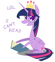 Size: 1957x2198 | Tagged: safe, artist:grievousfan, twilight sparkle, twilight sparkle (alicorn), alicorn, pony, the maud couple, book, crown, female, i never learned to read, jewelry, lol, long neck, mare, out of character, pacman eyes, regalia, simple background, solo, transparent background