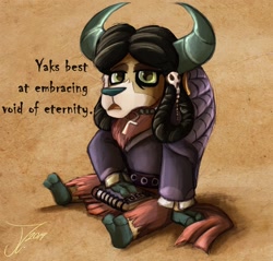 Size: 1200x1145 | Tagged: safe, artist:jamescorck, yona, yak, ankh, book, cloven hooves, dyed hair, female, goth, goth yona, monkey swings, sitting, skull hairpin, solo, spellbook, yaks best