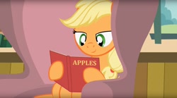 Size: 1680x936 | Tagged: safe, artist:forgalorga, derpibooru import, applejack, earth pony, pony, apple, book, chair, cute, everypony is strange, jackabetes, reading, sitting, smiling, solo, that pony sure does love apples