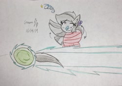 Size: 2188x1537 | Tagged: safe, artist:gmangamer25, marble pie, oc, oc:gamer blitz, earth pony, pegasus, pony, ball, bondage, dizzy, female, male, mare, rolling, sonic the hedgehog (series), spin dash, stallion, traditional art