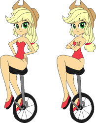 Size: 457x586 | Tagged: safe, artist:erichgrooms3, artist:selenaede, applejack, equestria girls, applejack's hat, bare arms, bare shoulders, base used, clothes, cowboy hat, crossed arms, cute, female, hat, jackabetes, legs, leotard, looking at you, ponytail, sexy, shoes, simple background, sitting, smiling, solo, transparent background, unicycle, vector