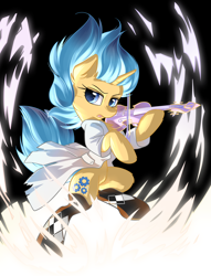 Size: 2900x3800 | Tagged: safe, artist:dreamweaverpony, oc, oc only, oc:astral charm, pony, unicorn, bipedal, blue eyes, blue hair, clothes, coat, dexterous hooves, drawing, female, fluffy, hoof hold, lab coat, legends of equestria, mare, music, musician, playing instrument, socks, solo, violin