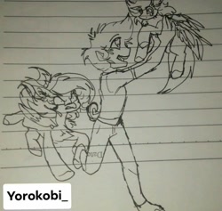 Size: 1080x1024 | Tagged: safe, artist:jj_potatoes, oc, oc:jj younque, oc:sereluna younque, human, hybrid, original species, pegasus, pony, lined paper, monochrome