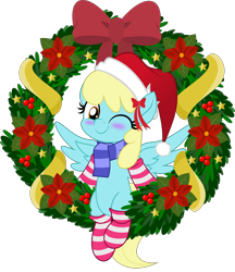 Size: 5000x5786 | Tagged: safe, artist:jhayarr23, sassaflash, pegasus, pony, background pony, blushing, bow, christmas, clothes, cute, female, hat, holiday, jhayarr23's holiday ych, mare, movie accurate, one eye closed, santa hat, scarf, simple background, socks, solo, striped socks, transparent background, wink, wreath, ych result