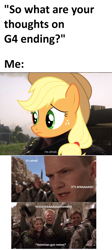 Size: 1112x2480 | Tagged: safe, derpibooru import, edit, applejack, earth pony, pony, spoiler:red dead redemption 2, end of ponies, fear, meme, red dead redemption 2, spoilers for another series, starship troopers