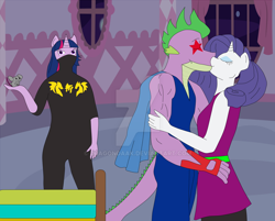 Size: 1024x822 | Tagged: safe, artist:dragondaak, rarity, spike, twilight sparkle, anthro, danny sexbang, female, male, ninja brian, ninja sex party, shipping, sparity, straight