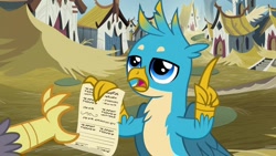 Size: 1280x720 | Tagged: safe, screencap, gallus, grampa gruff, griffon, uprooted, chest fluff, claws, griffonstone, male, permission slip, wings, written equestrian