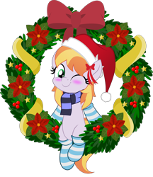 Size: 5000x5786 | Tagged: safe, artist:jhayarr23, copper top, earth pony, pony, blushing, bow, christmas, clothes, cute, female, hat, holiday, jhayarr23's holiday ych, mare, movie accurate, one eye closed, santa hat, scarf, simple background, socks, solo, striped socks, transparent background, wink, wreath, ych result