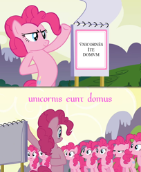 Size: 1024x1253 | Tagged: safe, edit, edited screencap, screencap, pinkie pie, earth pony, pony, too many pinkie pies, exploitable, latin, monty python, monty python's life of brian, pinkie clone