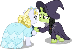 Size: 6644x4496 | Tagged: safe, artist:vector-brony, pony, between dark and dawn, absurd resolution, book, broadway, broomhilda, clothes, dress, elphaba, glinda, glinda (character), hat, musical, ponified, simple background, smiling, transparent background, vector, wicked, wicked witch of the west, witch hat