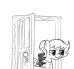 Size: 640x600 | Tagged: safe, artist:ficficponyfic, oc, oc:ruby rouge, earth pony, pony, bag, belt, clothes, colt quest, cyoa, door, female, filly, foal, knife, monochrome, shirt, solo, story included, tomboy