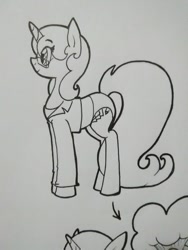 Size: 727x969 | Tagged: safe, artist:paper view of butts, oc, oc:paper butt, pony, unicorn, clothes, comic, female, glasses, horn, ink, ink drawing, jacket, mare, panties, simple background, solo, traditional art, underwear
