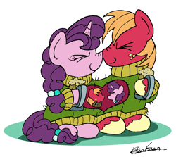 Size: 1450x1291 | Tagged: safe, artist:bobthedalek, big macintosh, sugar belle, earth pony, pony, unicorn, the big mac question, boop, cider, clothes, cute, eyes closed, female, implied hoof holding, male, mare, newlywed, noseboop, shared clothing, shipping, stallion, straight, sugarmac, sweater, tankard