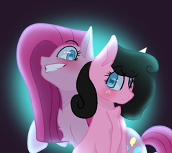 Size: 1014x906 | Tagged: safe, artist:moonlightdisney5, derpibooru import, pinkie pie, oc, oc:moonlight, earth pony, pony, blushing, canon x oc, freckles, moonpie, pinkamena diane pie