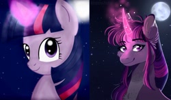 Size: 1280x749 | Tagged: safe, artist:wanderingpegasus, twilight sparkle, pony, art evolution, comparison, curved horn, glowing horn, horn, magic, moon, night, redraw, solo