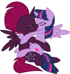 Size: 6613x6950 | Tagged: safe, alternate version, artist:ejlightning007arts, artist:lullabyprince, tempest shadow, twilight sparkle, twilight sparkle (alicorn), alicorn, pony, alicornified, base used, cutie mark, eye scar, eyes closed, female, fireworks, kissing, lesbian, mare, race swap, scar, shipping, simple background, sitting, tempest gets her horn back, tempesticorn, tempestlight, transparent background, vector, wings