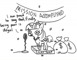 Size: 1593x1242 | Tagged: safe, artist:tjpones, twilight sparkle, twilight sparkle (alicorn), alicorn, pony, banner, crown, female, jewelry, mare, microphone, mission accomplished, money, monochrome, regalia, soapbox, solo, sparkles! the wonder horse!, tyrant sparkle