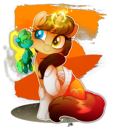 Size: 1816x2010 | Tagged: safe, artist:dormin-dim, oc, oc:kimi, pony, unicorn, chell, female, heterochromia, magic, mare, plushie, ponytail, portal (valve), sitting, telekinesis