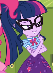 Size: 752x1035 | Tagged: safe, screencap, pinkie pie, sci-twi, twilight sparkle, better together, equestria girls, holidays unwrapped, bowtie, canterlot high, clothes, collar, cropped, cute, female, geode of telekinesis, glasses, high school, jewelry, lidded eyes, lockers, magical geodes, o come all ye squashful, pockets, ponytail, raised eyebrow, shirt, short sleeves, skirt, smiling