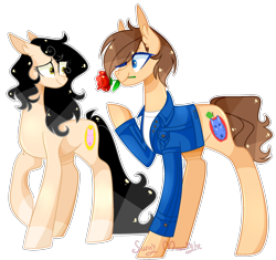 Size: 2076x1952 | Tagged: safe, artist:manella-art, oc, oc only, oc:amgi, oc:applewolf, pony, clothes, flower, hair over one eye, jacket, mouth hold, one hoof raised, rose