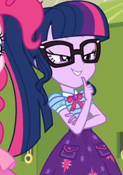 Size: 760x1075 | Tagged: safe, screencap, pinkie pie, sci-twi, twilight sparkle, better together, equestria girls, holidays unwrapped, bowtie, canterlot high, clothes, collar, cropped, cute, female, geode of telekinesis, glasses, high school, jewelry, lidded eyes, lockers, magical geodes, o come all ye squashful, pockets, ponytail, raised eyebrows, shirt, short sleeves, skirt, smiling