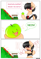 Size: 1500x2175 | Tagged: safe, artist:ark nw, oc, oc only, oc:ashley roy kambell, earth pony, pony, apple, black hair, clothes, dialogue, food, funny, german, joke, red eyes, simple background, solo, surprised, text, uniform