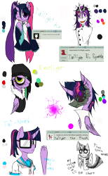 Size: 985x1600 | Tagged: safe, artist:didun850, twilight sparkle, twilight sparkle (alicorn), unicorn twilight, alicorn, anthro, ghoul, pony, undead, unicorn, fallout equestria, eqg summertime shorts, equestria girls, mad twience, anthro with ponies, beanie, black sclera, chibi, clothes, cosplay, costume, crossover, emo, eye clipping through hair, eyeliner, female, glowing horn, goggles, hair over one eye, hat, hatsune miku, horn, lab coat, magic, makeup, mare, one eye closed, school uniform, signature, simple background, smiling, telekinesis, tongue out, transparent background, white eyes, wink