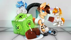 Size: 1192x670 | Tagged: safe, artist:twigileia, oc, pony, unicorn, atlas (portal), chell, commission, companion cube, creeper, crossover, female, magic, mare, p-body, portal (valve), portal gun, telekinesis