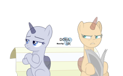 Size: 3660x2250 | Tagged: safe, artist:doraair, oc, oc only, alicorn, pony, alicorn oc, annoyed, base, bench, crossed arms, duo, frown, newspaper, simple background, sitting, transparent background