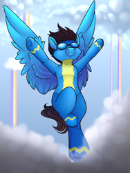 Size: 3543x4724 | Tagged: safe, artist:buvanybu, oc, pegasus, pony, clothes, flying, male, solo, uniform, wonderbolts uniform, ych result