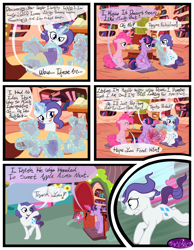 Size: 3500x4500 | Tagged: safe, artist:becauseimpink, bubble berry, dusk shine, elusive, pinkie pie, rarity, twilight sparkle, earth pony, pony, unicorn, comic:transition, book, bookcase, comic, dialogue, glowing horn, golden oaks library, horn, magic, male, rule 63, running, sitting, stallion, telekinesis, transgender