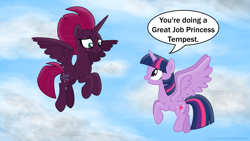 Size: 3840x2160 | Tagged: safe, artist:ejlightning007arts, tempest shadow, twilight sparkle, twilight sparkle (alicorn), alicorn, alicornified, female, fixed spelling, flying, flying lesson, lesbian, princess tempest shadow, race swap, shipping, speech bubble, tempest gets her horn back, tempest now has a true horn, tempestlight