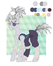 Size: 3338x4116 | Tagged: safe, alternate version, artist:hellishprogrammer, oc, oc only, oc:silver-slash, pony, bandage, bandana, belt, clothes, ear piercing, earring, eyepatch, female, grin, hoodie, horn, horn piercing, jewelry, mare, ninja, pants, piercing, ponytail, pouch, reference sheet, scar, simple background, sleeveless, smiling, snake bites, solo, tape, white background