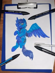 Size: 3024x4032 | Tagged: safe, artist:saxpony, oc, oc:skaj, pegasus, flying, male, photo, promarker, stallion, traditional art