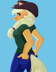 Size: 800x1035 | Tagged: safe, artist:kingbriarturtle, derpibooru import, applejack, anthro, earth pony, applejack's hat, clothes, cowboy hat, female, freckles, hands in pockets, hat, jeans, looking at you, mare, pants, shirt, smiling, solo, t-shirt