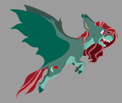 Size: 754x641 | Tagged: safe, artist:phobicalbino, oc, oc only, oc:pen rose, bat pony, pony, bat pony oc, cloven hooves, dewclaw, fangs, female, flying, gray background, mare, open mouth, sharp teeth, simple background, solo, spread wings, teeth, wings