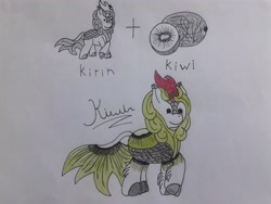 Size: 4096x3072 | Tagged: safe, artist:juani236, oc, oc:kiwin, kirin, food, fruit, fusion, kirin oc, kiwi fruit, pun, solo, traditional art