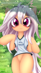 Size: 2161x3840 | Tagged: safe, artist:an-m, oc, oc only, oc:anon, oc:har glind, earth pony, pony, bipedal, blushing, clothes, dialogue, eye reflection, female, grass, looking at you, lying down, mare, reflection, shirt, solo