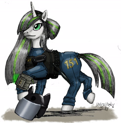 Size: 2415x2457 | Tagged: safe, artist:edhelistar, derpibooru exclusive, oc, oc only, oc:platinum law, pony, unicorn, fallout equestria, fallout equestria: dark shroud, baton, bulletproof vest, clothes, commission, dock, emerald eyes, female, gray mane, green mane, kanji, mare, mixed media, pipboy, pipbuck, police baton, riot gear, signature, simple background, solo, stable jumpsuit, stable-tec, tengwar, vault security armor, vault suit, white background, white coat