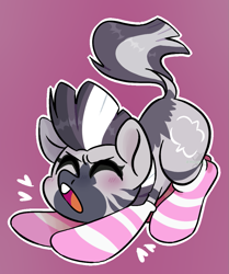 Size: 855x1024 | Tagged: safe, artist:jurou, oc, oc only, oc:zebra north, zebra, clothes, eyes closed, femboy, heart, male, simple background, socks, stretching, striped socks, yawn, zebra oc