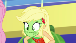Size: 1920x1080 | Tagged: safe, screencap, applejack, fluttershy, better together, equestria girls, spring breakdown, geode of super strength, green face, magical geodes, nauseous, offscreen character, seasickness, sleeveless