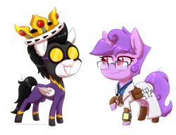 Size: 1200x922 | Tagged: safe, artist:ghostlymarie, oc, oc only, oc:pipe dream, oc:technical circuits, pegasus, pony, unicorn, fallout equestria, armor, chibi, clothes, commission, costume, couple, cracked horn, crossover, crown, cutie mark, glasses, goggles, horn, jewelry, lab coat, necklace, pipbuck, red eyes, regalia, shadowbolts, shadowbolts costume