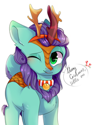 Size: 2329x3084 | Tagged: safe, artist:pledik808, oc, oc:searing cold, deer, hybrid, kirin, reindeer, antlers, bell, bell collar, blushing, christmas, collar, holiday, one eye closed, reindeer antlers, wink