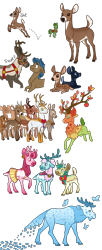 Size: 1800x4400 | Tagged: safe, artist:jackiebloom, alice the reindeer, aurora the reindeer, bori the reindeer, king aspen, the great seedling, oc, oc:magnoliophyta, oc:queen juniper, butterfly, deer, earth pony, moose, pegasus, pony, reindeer, animal, cloven hooves, deer oc, doe, fawn, female, headcanon, male, simple background, stag, transparent background, whitetail deer
