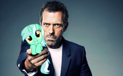 Size: 1920x1200 | Tagged: safe, artist:lagmanor, lyra heartstrings, human, pony, unicorn, clothes, cute, female, gregory house, holding a pony, house m.d., hugh laurie, jacket, looking at you, male, mare, meme, pony in hand, simple background, smiling, tiny, tiny ponies
