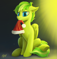 Size: 1000x1035 | Tagged: safe, artist:foxpit, oc, oc only, oc:lime zest, pegasus, pony, christmas, hat, holiday, looking at you, male, mouth hold, santa hat, sitting, solo